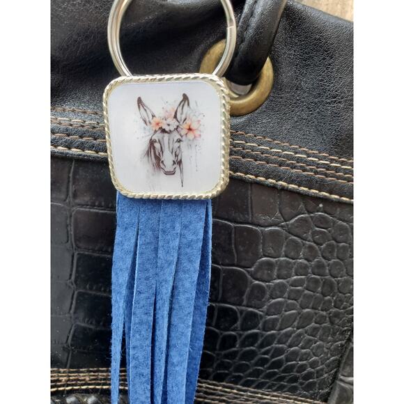 Handmade mule lover boho Leather Fringe Western bag charm, Long fringe keychain - Picture 5 of 5